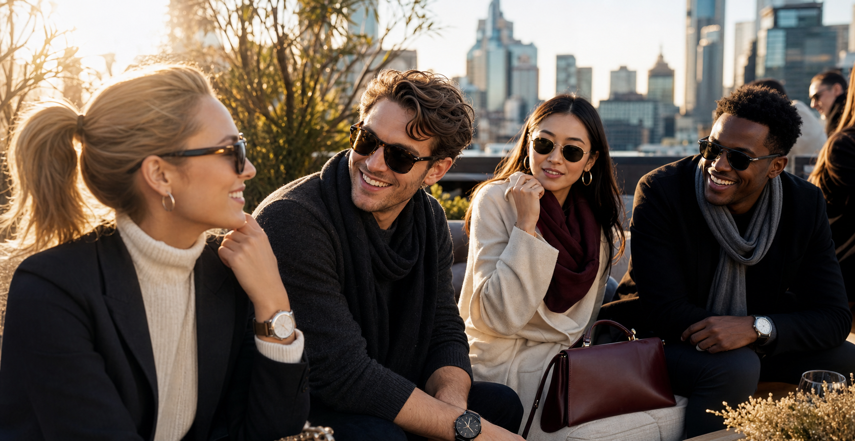 Stylish adults wearing unbranded sunglasses, watches, scarves, and bags
