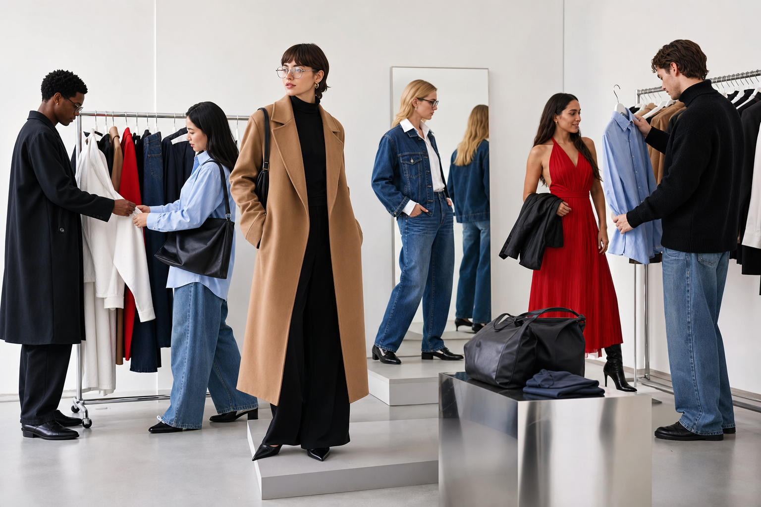 Unbranded camel coat and dressed-up clothing in a bright studio