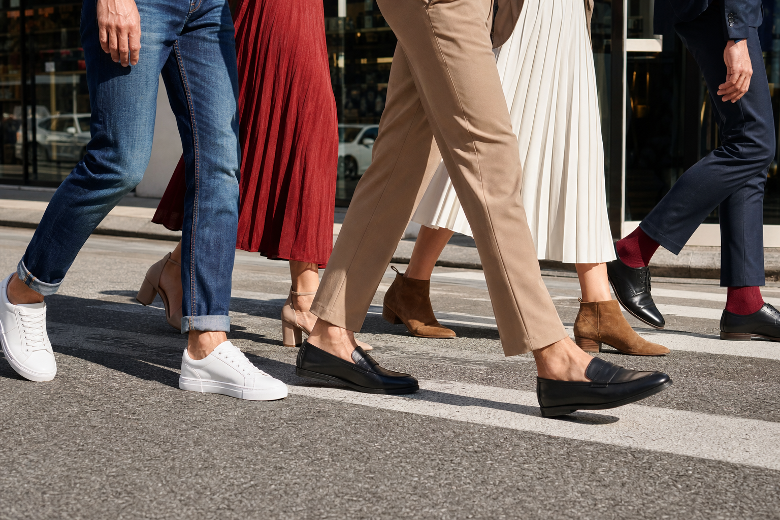 Premium unbranded sneakers, boots, loafers, and dress shoes worn with fashionable outfits