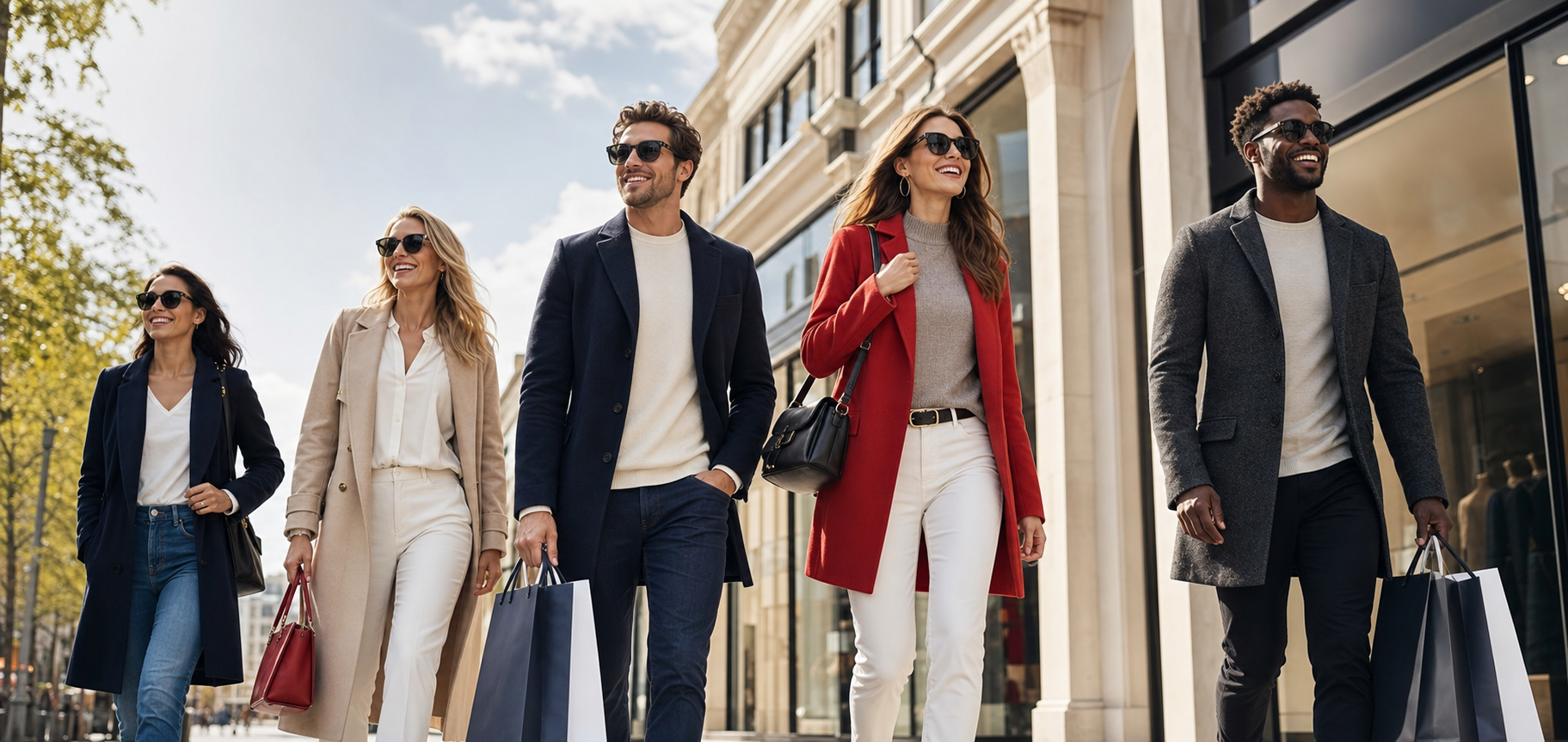 Stylish shoppers wearing unbranded clothing, sunglasses, shoes, and bags in a city shopping district