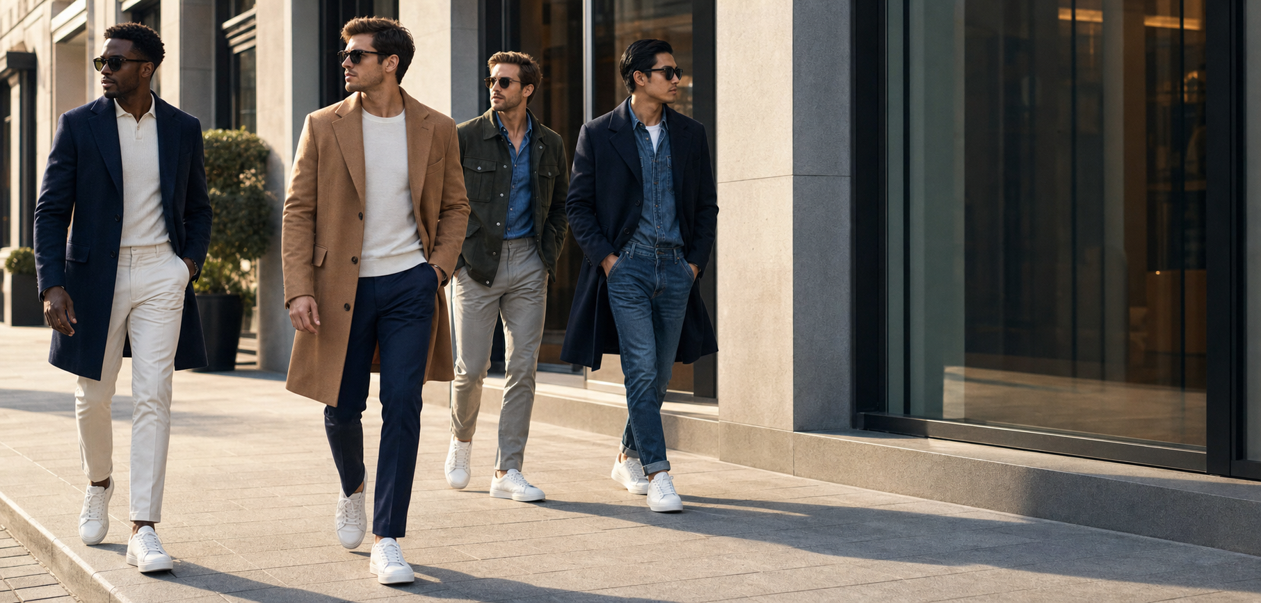 Stylish men wearing tailored coats, denim, sunglasses, and sneakers