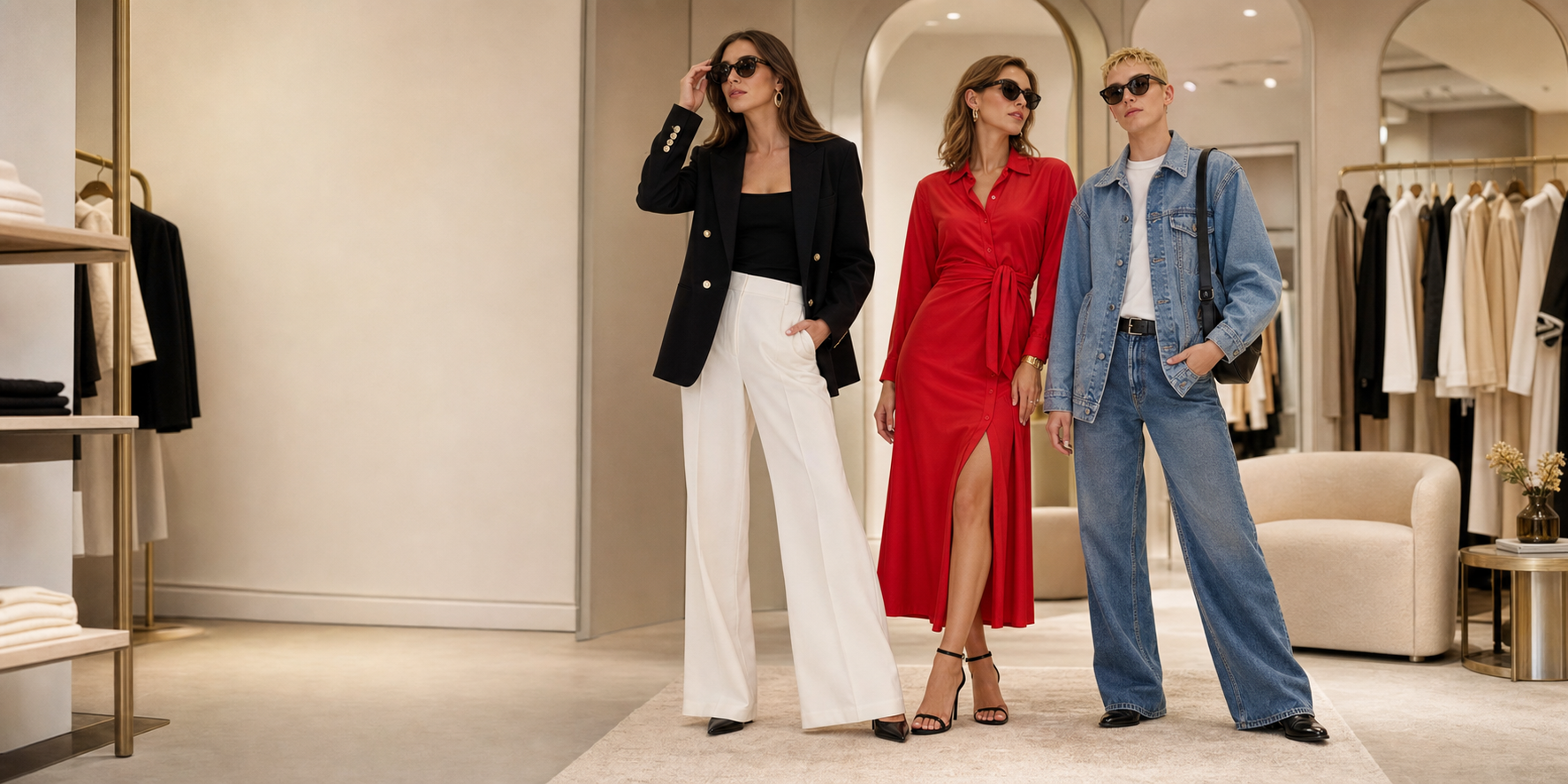 People browsing premium unbranded womenswear in a bright boutique